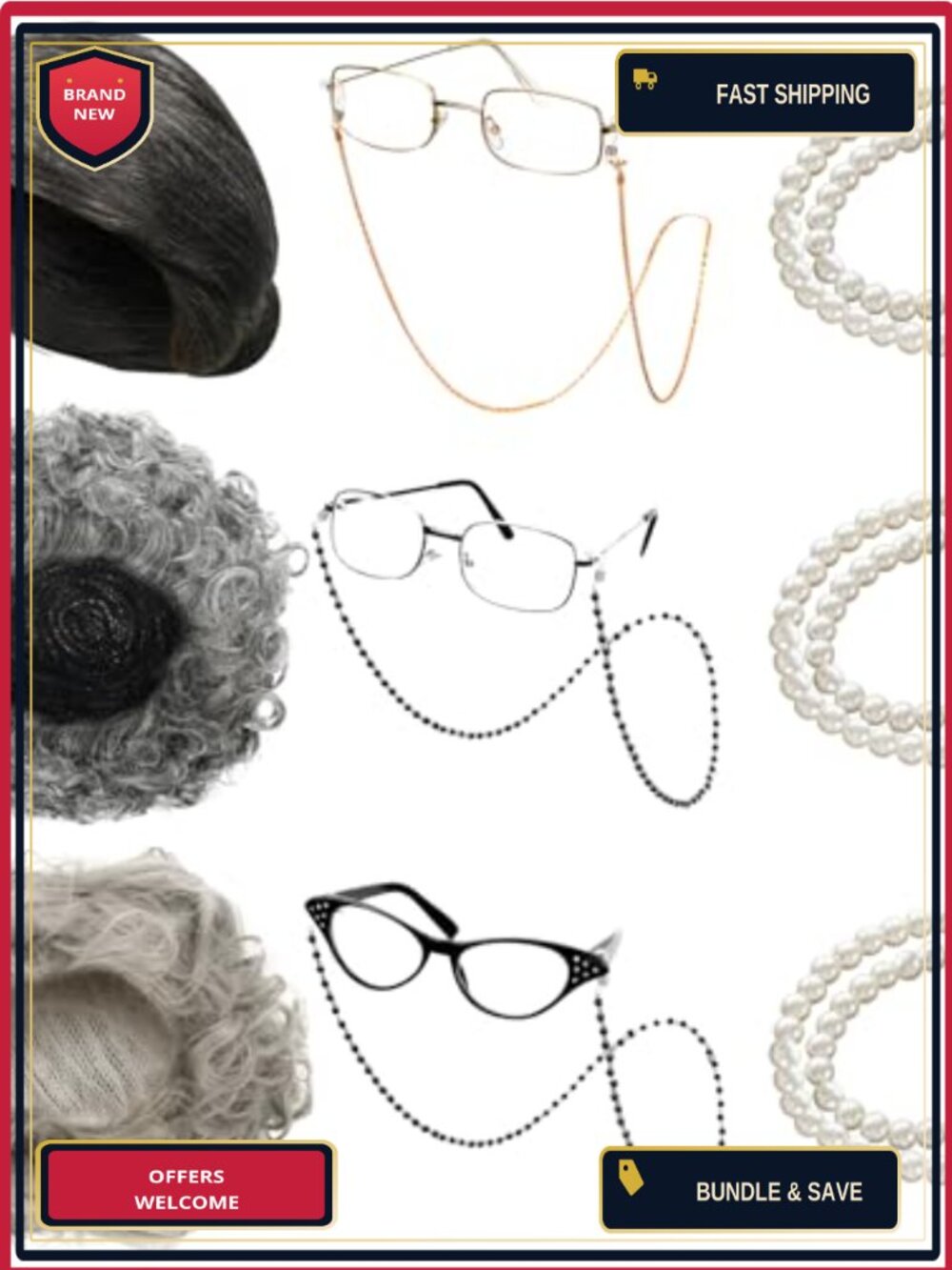9 Pc Grandma Wig Costume Set with Granny Glasses Pearl Necklaces Cosplay
